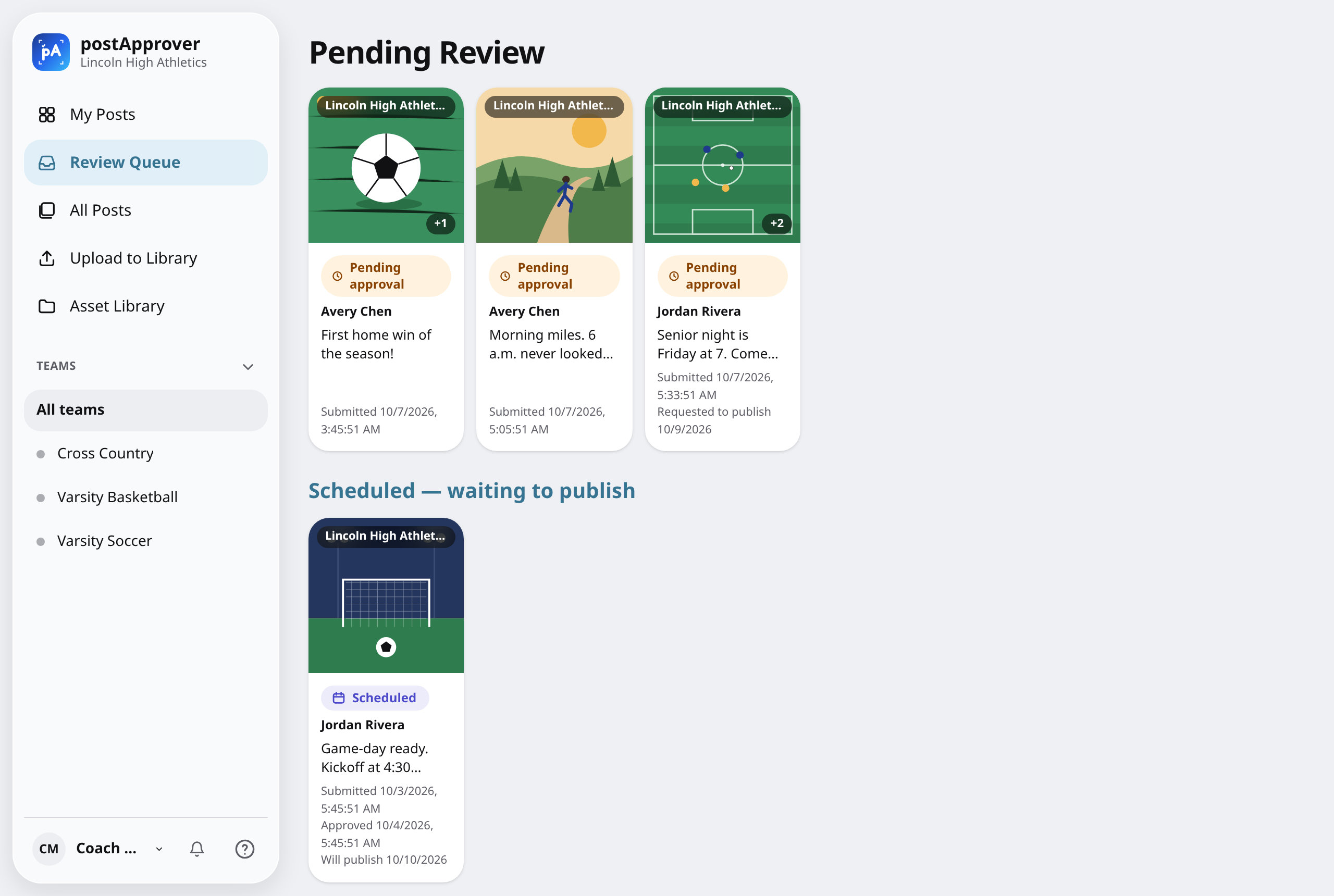 The Review Queue showing three posts pending approval and one scheduled post waiting to publish